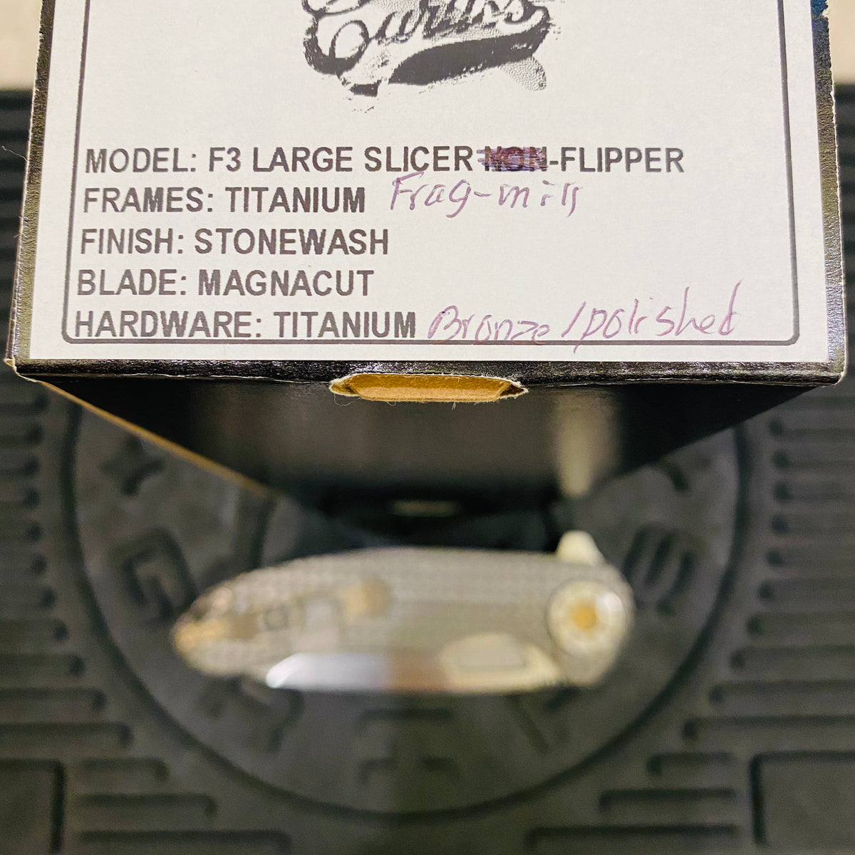 Curtiss Custom F3 Large 3.75" Slicer, Flipper, Titanium Stonewash Frag-Mill Handles, Bronze Polished Hardware, Magnacut Knife