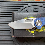 Curtiss Custom F3 Medium 3" Spanto NON-Flipper, Blue Titanium FJ-Mill "Dragon Scale", Stonewash Magnacut Folding Knife