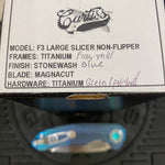 Curtiss Custom F3 Large 3.75" Slicer, Non-Flipper, Titanium Blue Frag Mill Handles, Green Polished Hardware, Magnacut Knife