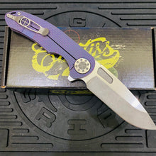 Load image into Gallery viewer, Curtiss Custom F3 Large 3.75&quot; Slicer, Flipper, Titanium Purple SPM-Mill Handles, Blasted Polished Hardware, Magnacut Knife
