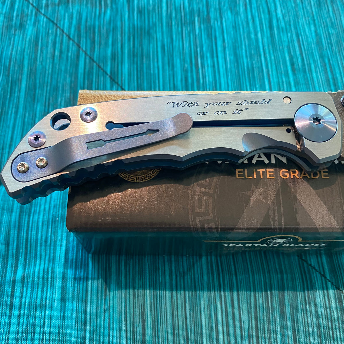 Spartan Blades Harsey Folder - Shield Engraved Damascus Blade - Special Edition