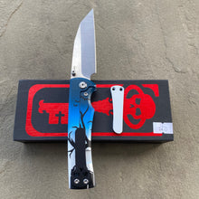 Load image into Gallery viewer, Chaves Sangre 229 Wharncliffe HAUNTED HOUSE THEME Stonewash Ti Belt Finish 3.7&quot; Folding Knife
