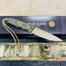 Load image into Gallery viewer, Spartan Blades Harsey Tactical Trout Flat Dark Earth Camo Handles 4.5&quot; Fixed Blade Knife with Multicam Molle Sheath SB43DECMNLMC
