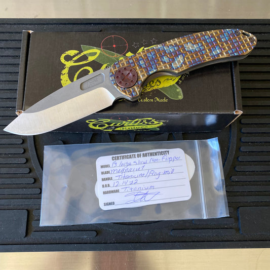 Curtiss Custom F3 Large 3.75" Slicer, Non-Flipper, Titanium Frag Mill Handles, Root Beer Hardware, Magnacut Knife