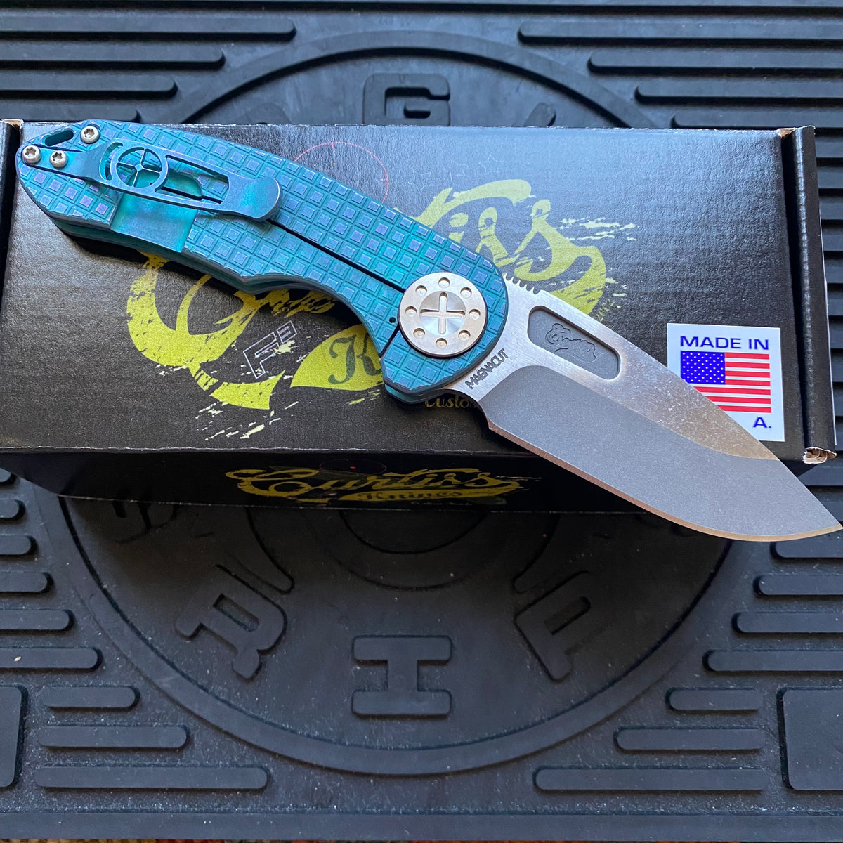 Curtiss Custom F3 Medium 3.25" Slicer NON-Flipper, Frag-Mill Aqua Purple, 2 Tone Stonewash Magnacut Folding Knife