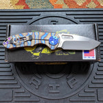Curtiss Custom F3 Medium 3" Spanto NON-Flipper,Titanium Torched Tiger Striped Handles, Stonewash Magnacut Purple Hardware Folding Knife