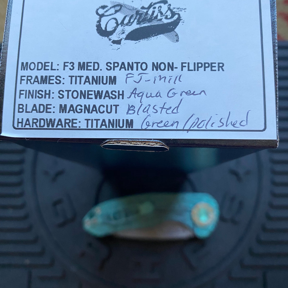 Curtiss Custom F3 Medium 3.25" Spanto NON-Flipper, FJ-Mill Aqua Green, Blasted Magnacut Folding Knife