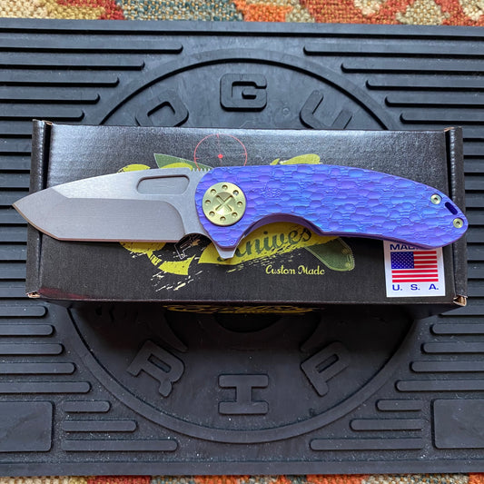Curtiss Custom F3 Medium 3" Spanto Flipper, Purple Titanium FJ-Mill "Dragon Scale", Stonewash Magnacut, Yellow Titanium Hardware Folding Knife