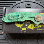 Curtiss Custom F3 Medium 3" Slicer Flipper, Green Titanium FJ-Mill "Dragon Scale", Stonewash Magnacut Folding Knife