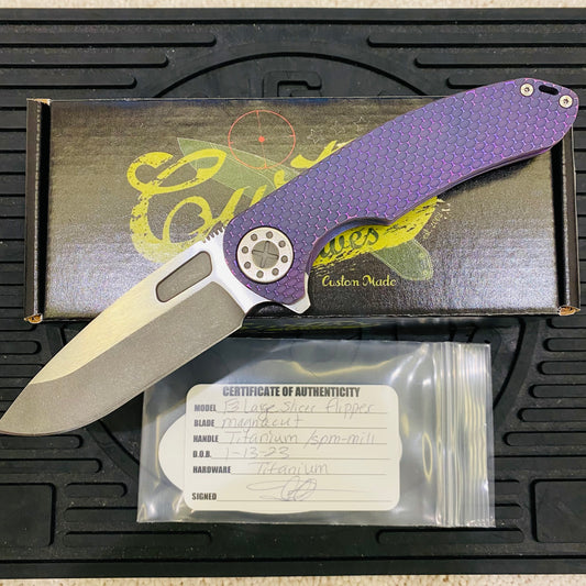 Curtiss Custom F3 Large 3.75" Slicer, Flipper, Titanium Purple SPM-Mill Handles, Blasted Polished Hardware, Magnacut Knife