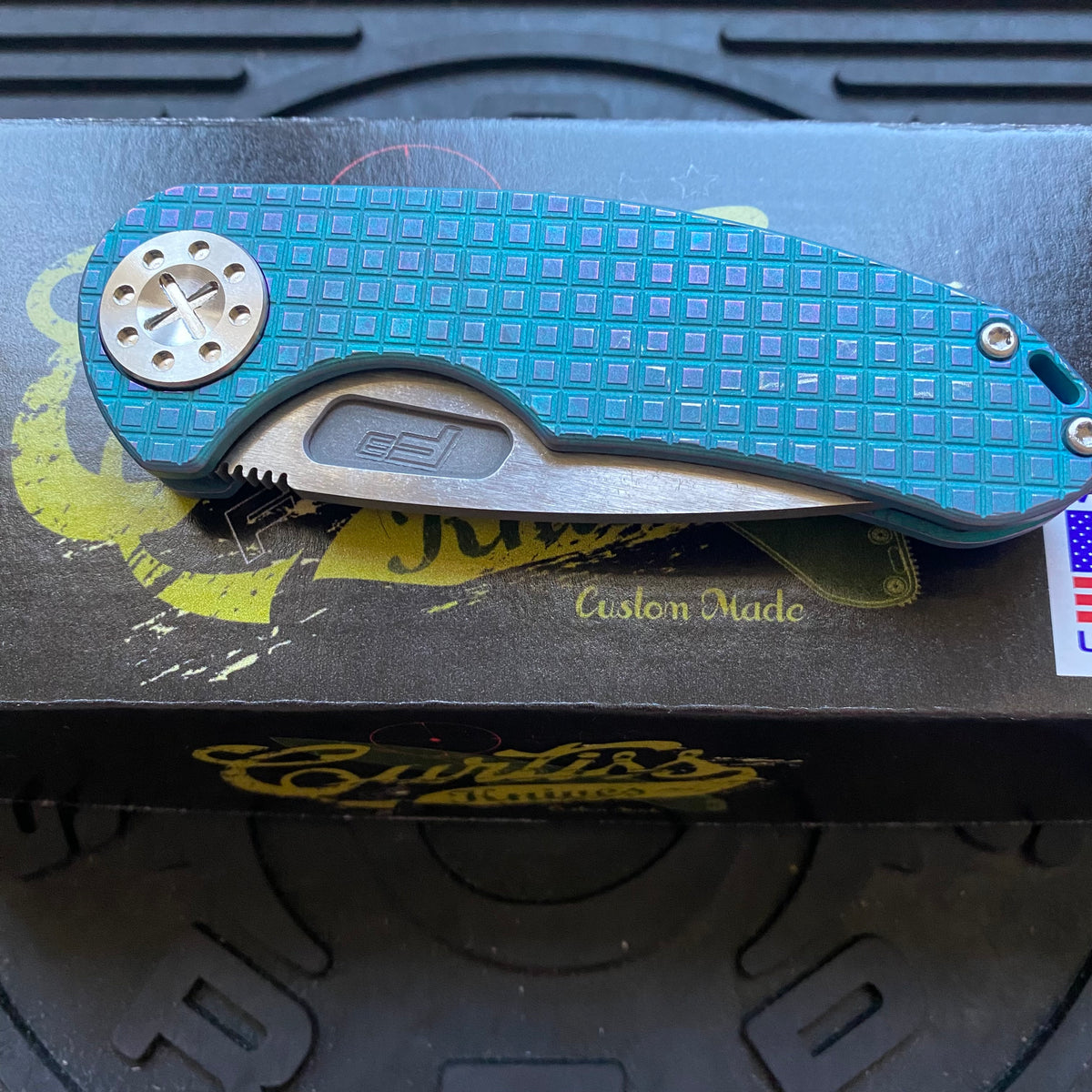 Curtiss Custom F3 Medium 3.25" Slicer NON-Flipper, Frag-Mill Aqua Purple, 2 Tone Stonewash Magnacut Folding Knife