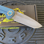 Curtiss Custom F3 Large 3.75" Spanto, Non-Flipper, Titanium Blue Blasted Dragon Scales Handles, Blue Polished Hardware, Magnacut Knife