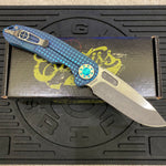 Curtiss Custom F3 Large 3.75" Slicer, Non-Flipper, Titanium Blue Frag Mill Handles, Green Polished Hardware, Magnacut Knife