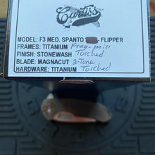 Load image into Gallery viewer, Curtiss Custom F3 Medium 3.25&quot; Spanto Flipper, Frag-Mill Titanium Torched Handles, 2 Tone Magnacut, Torched Hardware Folding Knife
