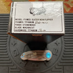 Curtiss Custom F3 Medium 3" Slicer NON-Flipper, Titanium Ball-Mill Pattern Handles, Stonewash Magnacut, Blue Hardware Folding Knife