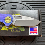 Curtiss Custom F3 Medium 3" Spanto Flipper, Purple Titanium FJ-Mill "Dragon Scale", Stonewash Magnacut, Yellow Titanium Hardware Folding Knife