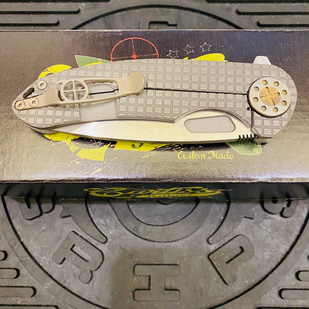 Curtiss Custom F3 Large 3.75" Slicer, Flipper, Titanium Stonewash Frag-Mill Handles, Bronze Polished Hardware, Magnacut Knife