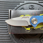 Curtiss Custom F3 Medium 3" Slicer Flipper, Blue Titanium FJ-Mill "Dragon Scale", Stonewash Magnacut Folding Knife