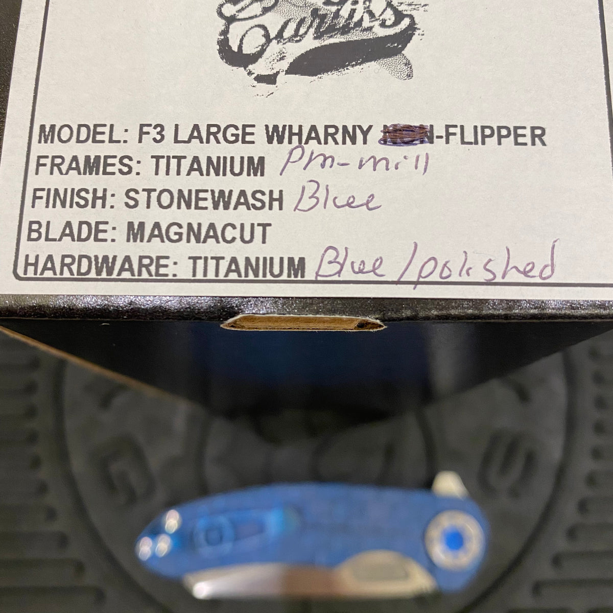 Curtiss Custom F3 Large 3.75" Wharny, Flipper, Titanium Blue PM-Mill Handles, Blue Polished Hardware, Magnacut Knife