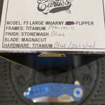 Curtiss Custom F3 Large 3.75" Wharny, Flipper, Titanium Blue PM-Mill Handles, Blue Polished Hardware, Magnacut Knife