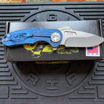 Curtiss Custom F3 Medium 3" Slicer Flipper, Blue Titanium FJ-Mill "Dragon Scale", Stonewash Magnacut Folding Knife
