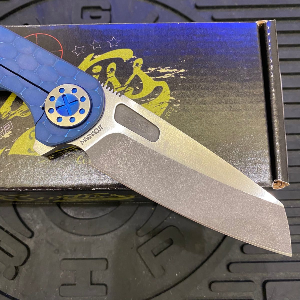 Curtiss Custom F3 Large 3.75" Wharny, Flipper, Titanium Blue PM-Mill Handles, Blue Polished Hardware, Magnacut Knife
