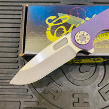 Load image into Gallery viewer, Curtiss Custom F3 Large 3.75&quot; Slicer, Flipper, Titanium Purple SPM-Mill Handles, Blasted Polished Hardware, Magnacut Knife
