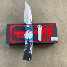 Load image into Gallery viewer, Chaves Sangre 229 Wharncliffe HAUNTED HOUSE THEME Stonewash Ti Belt Finish 3.7&quot; Folding Knife

