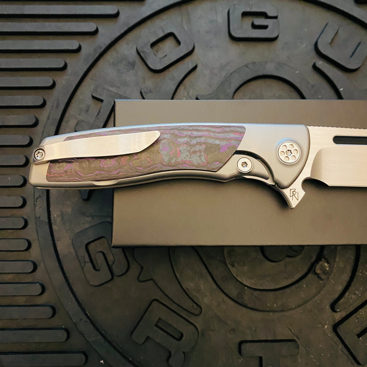 Sharp By Design Mini Evo Flipper 3.25" Satin HARPOON PURPLE HAZE FAT CARBON Inlay Knife