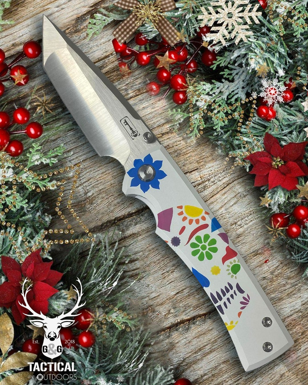 Chaves Liberation 229 Sugar Skulls Dia De Los Muertas Green Clip Tanto Stonewash Ti Belt Finish 3.69