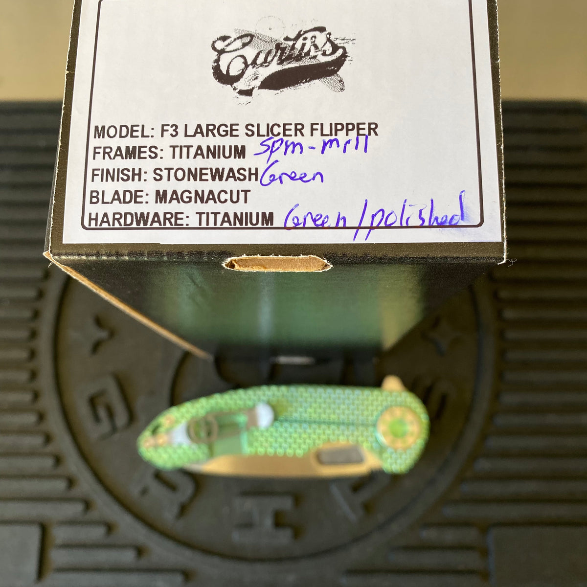 Curtiss Custom F3 Large 3.75" Slicer, Flipper, Titanium Green SPM-Mill Handles, Green Polished Hardware, Magnacut Knife