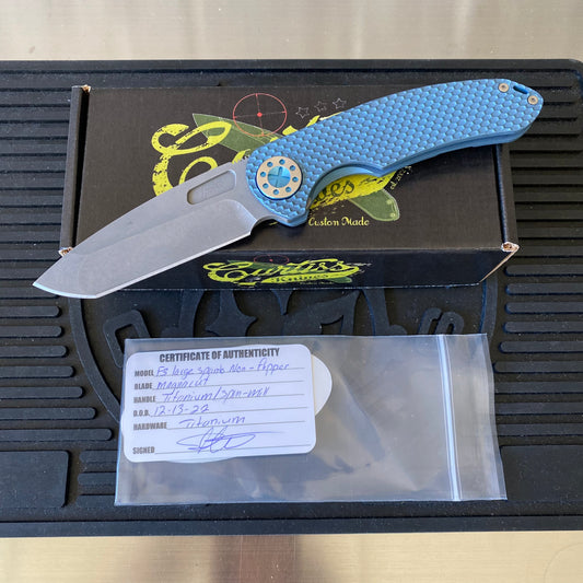 Curtiss Custom F3 Large 3.75" Spanto, Non-Flipper, Titanium Blue Blasted Dragon Scales Handles, Blue Polished Hardware, Magnacut Knife