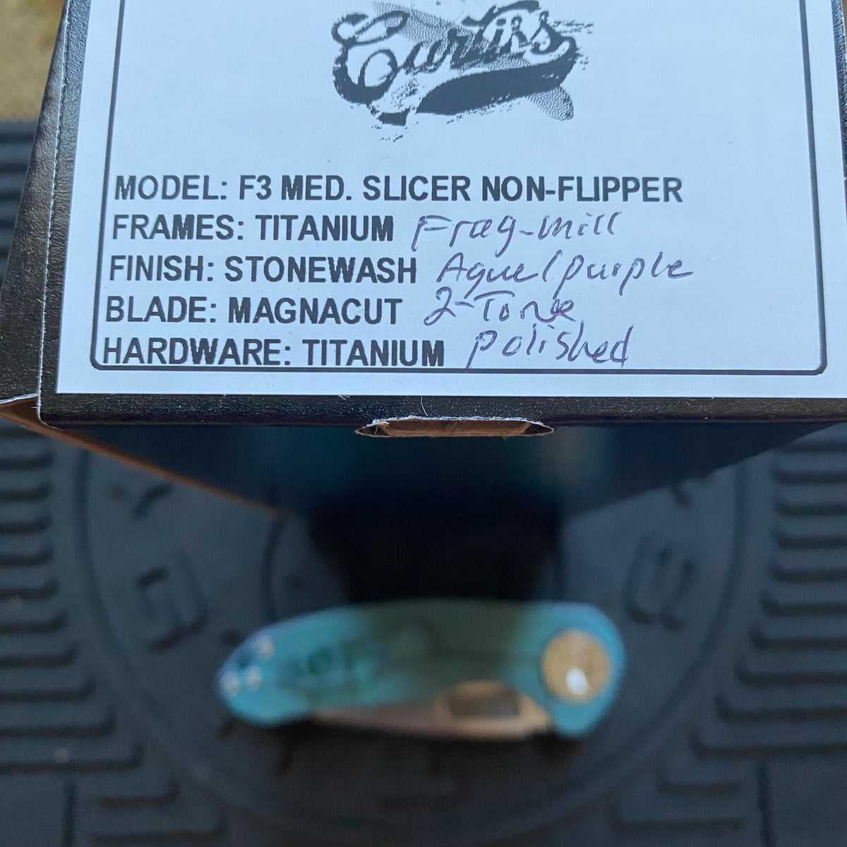 Curtiss Custom F3 Medium 3.25" Slicer NON-Flipper, Frag-Mill Aqua Purple, 2 Tone Stonewash Magnacut Folding Knife
