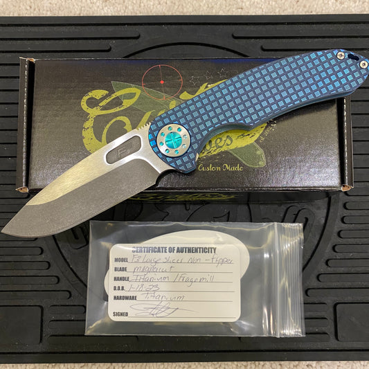 Curtiss Custom F3 Large 3.75" Slicer, Non-Flipper, Titanium Blue Frag Mill Handles, Green Polished Hardware, Magnacut Knife