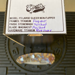 Curtiss Custom F3 Large 3.75" Slicer, Non-Flipper, Titanium Frag Mill Handles, Root Beer Hardware, Magnacut Knife