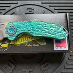 Curtiss Custom F3 Medium 3" Spanto NON-Flipper, Polished Green Titanium FJ-Mill "Dragon Scale", Stonewash Magnacut Folding Knife