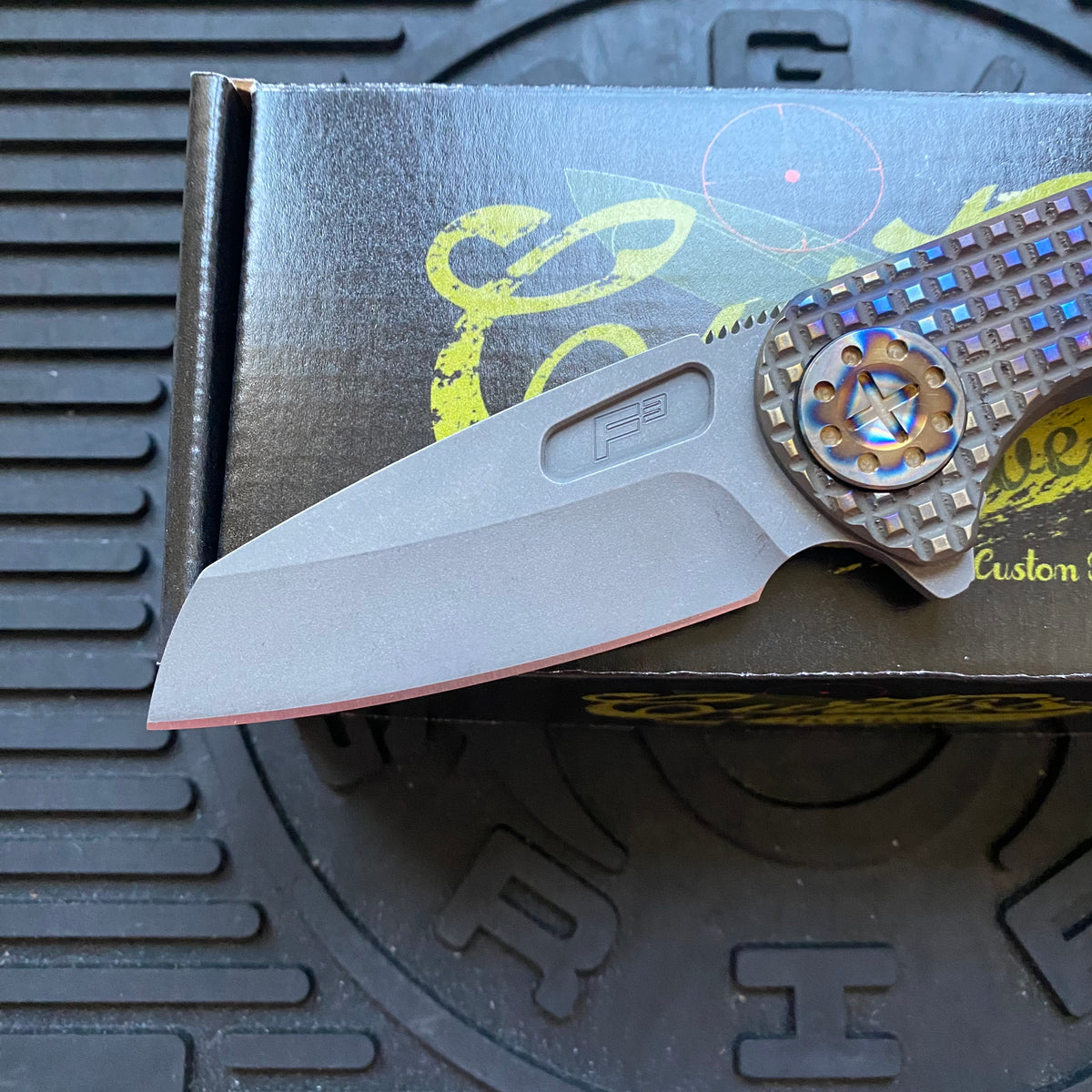 Curtiss Custom F3 Medium 3.25" Wharny Flipper, Frag-Mill Titanium Torched Handles, Blasted Magnacut, Torched Hardware Folding Knife