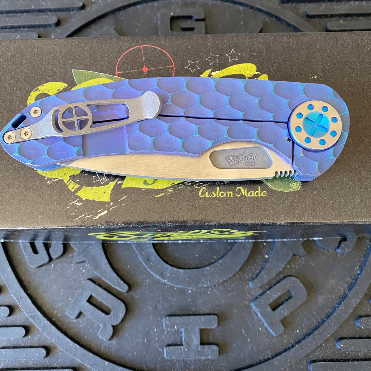 Curtiss Custom F3 Large 3.75" Slicer, Non-Flipper, Titanium Blue PM-Mill Handles, Blue Polished Hardware, Magnacut Knife