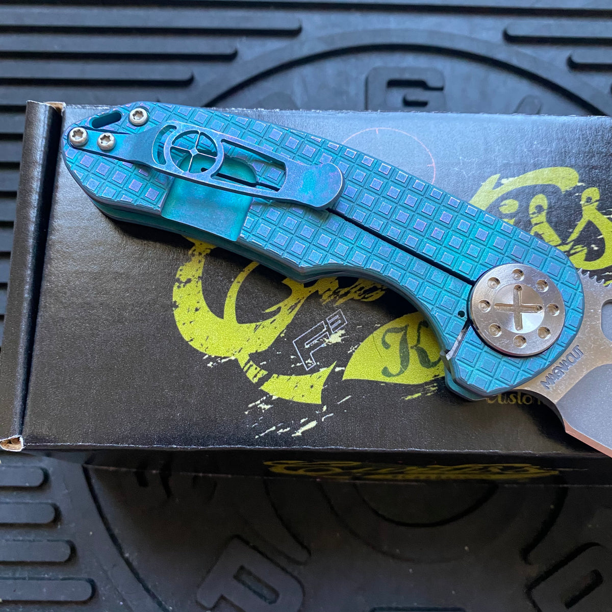 Curtiss Custom F3 Medium 3.25" Slicer NON-Flipper, Frag-Mill Aqua Purple, 2 Tone Stonewash Magnacut Folding Knife