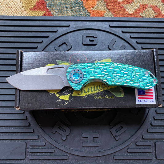 Curtiss Custom F3 Medium 3" Spanto NON-Flipper, Polished Green Titanium FJ-Mill "Dragon Scale", Stonewash Magnacut Folding Knife