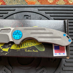 Curtiss Custom F3 Medium 3" Slicer NON-Flipper, Titanium Ball-Mill Pattern Handles, Stonewash Magnacut, Blue Hardware Folding Knife
