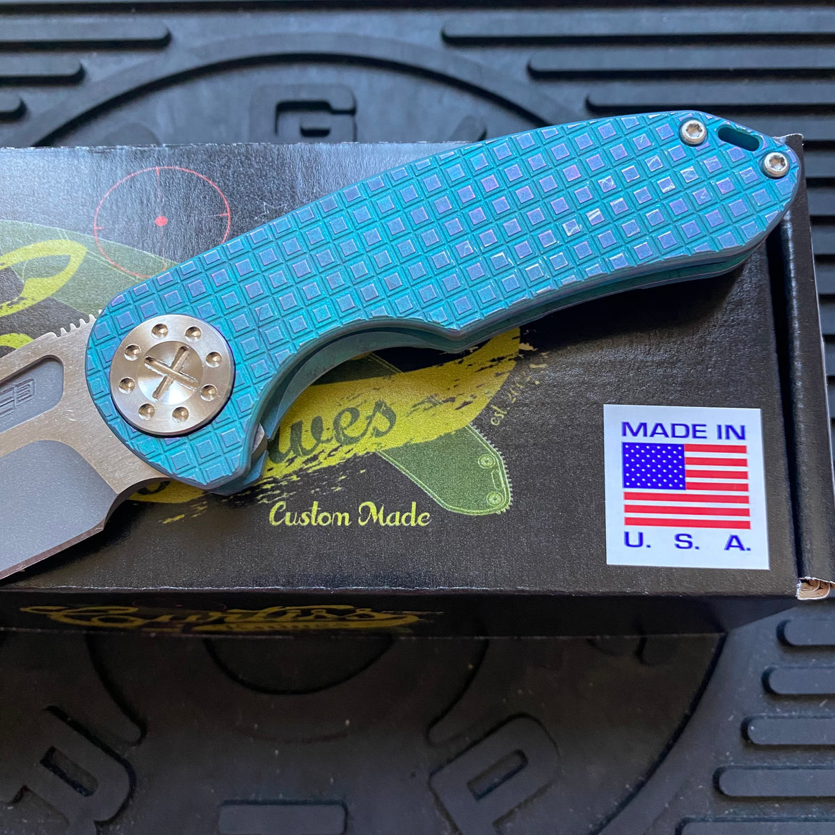 Curtiss Custom F3 Medium 3.25" Slicer NON-Flipper, Frag-Mill Aqua Purple, 2 Tone Stonewash Magnacut Folding Knife