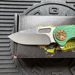 Curtiss Custom F3 Medium 3" Slicer Flipper, Green Titanium FJ-Mill "Dragon Scale", Stonewash Magnacut Folding Knife