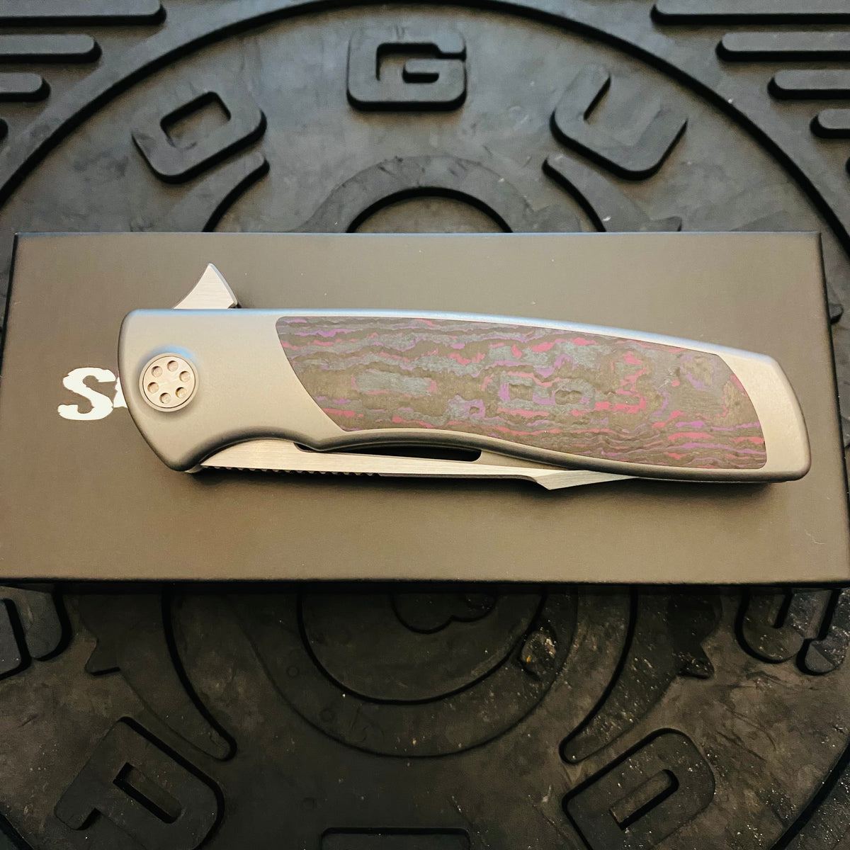 Sharp By Design Mini Evo Flipper 3.25" Satin HARPOON PURPLE HAZE FAT CARBON Inlay Knife