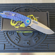 Load image into Gallery viewer, Curtiss Custom F3 Large 3.75&quot; Slicer, Non-Flipper, Titanium Blue PM-Mill Handles, Blue Polished Hardware, Magnacut Knife
