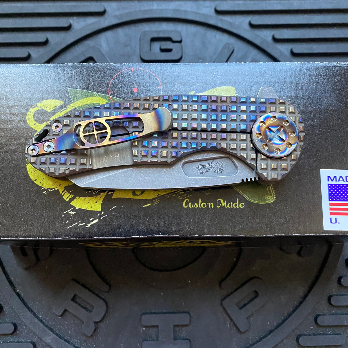 Curtiss Custom F3 Medium 3.25" Wharny Flipper, Frag-Mill Titanium Torched Handles, Blasted Magnacut, Torched Hardware Folding Knife