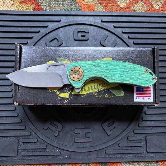 Curtiss Custom F3 Medium 3" Slicer Flipper, Green Titanium FJ-Mill "Dragon Scale", Stonewash Magnacut Folding Knife
