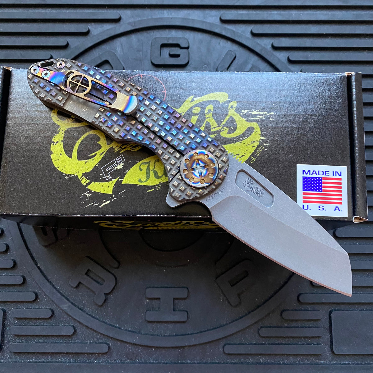 Curtiss Custom F3 Medium 3.25" Wharny Flipper, Frag-Mill Titanium Torched Handles, Blasted Magnacut, Torched Hardware Folding Knife