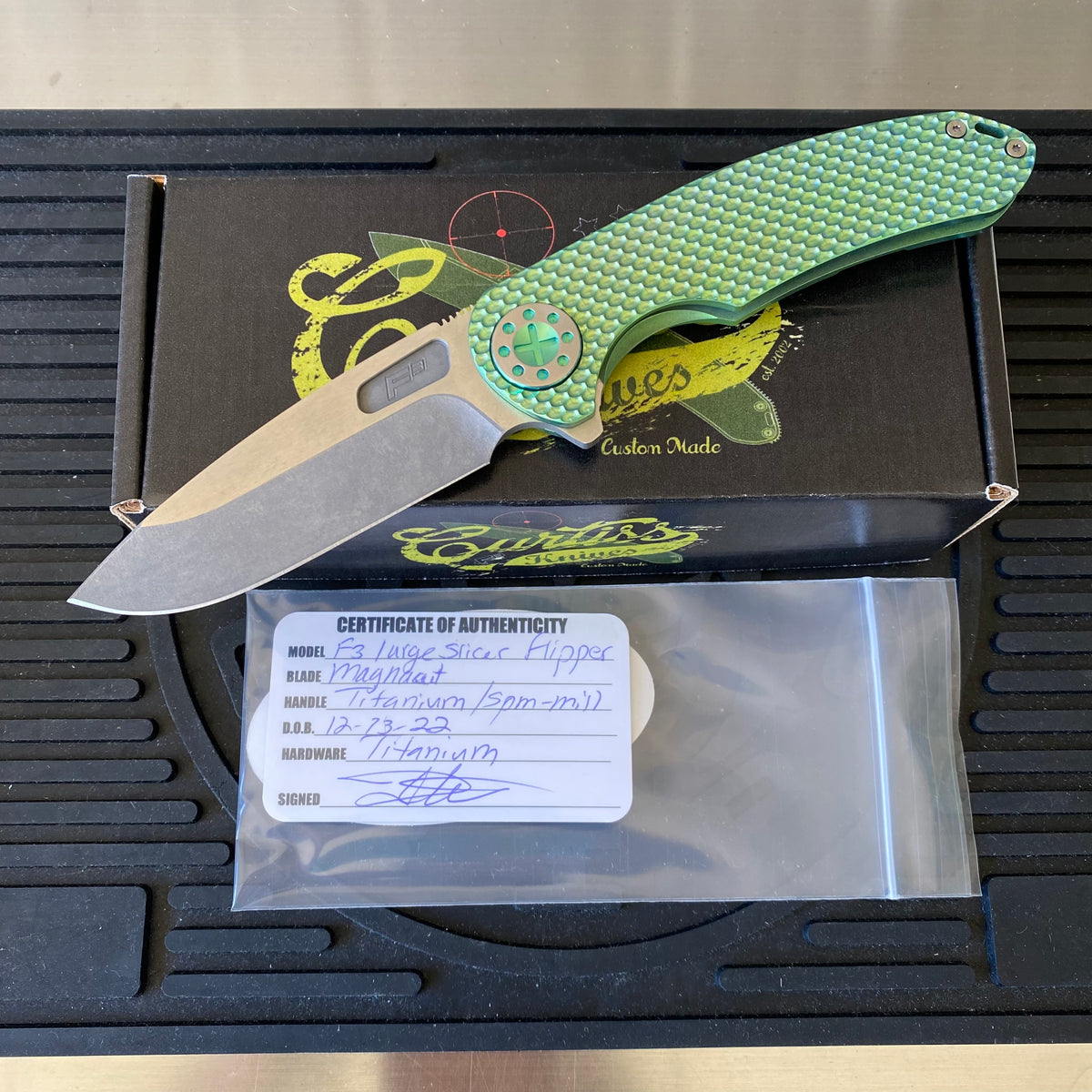 Curtiss Custom F3 Large 3.75" Slicer, Flipper, Titanium Green SPM-Mill Handles, Green Polished Hardware, Magnacut Knife
