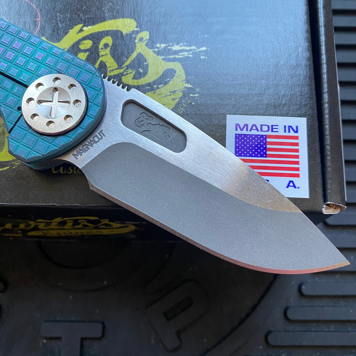 Curtiss Custom F3 Medium 3.25" Slicer NON-Flipper, Frag-Mill Aqua Purple, 2 Tone Stonewash Magnacut Folding Knife
